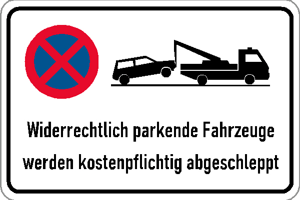 Halteverbotsschild mit Abschleppsymbol und Text